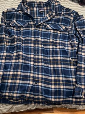 Patagonia Navy and Tan Plaid Button-Up Shirt